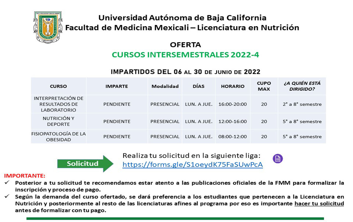 Cursos Intersemestrales 2022-4 - Lic. en Nutrición